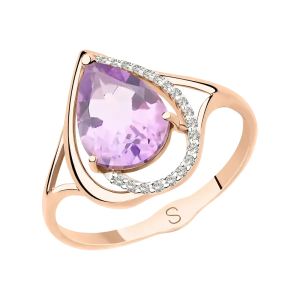 Artikelbild des Artikels “Damenring „Tropfen im Bogen“ aus 585 Rotgold mit Zirkonia und Amethyst “