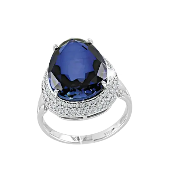 Product image of the product “Women's Ring “Drop in Pavé Halo” in 585 White Gold with Diamonds and Sapphire ”