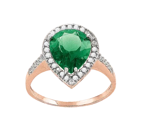 Product image of the product “Women's Ring “Teardrop in Stone Halo” in 585 Rose Gold with Cubic Zirconia and Synthetic Emerald ”