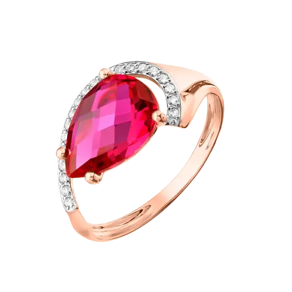 Product image of the product “Women's Ring “Teardrop with Stone Arc” in 585 Rose Gold with Cubic Zirconia and Synthetic Ruby ”