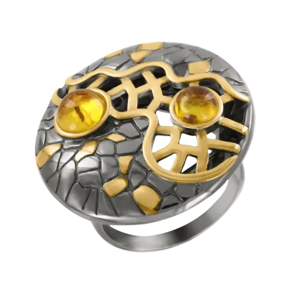 Product image of the product “Women's Ring “Two Amber Stones with Lattice” in Gold-Plated 925 Sterling Silver with Amber ”