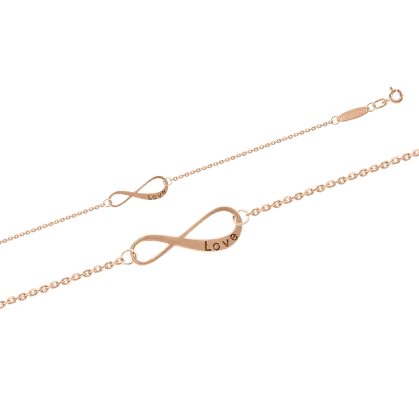 Artikelbild des Artikels “Fußkette „Unendlichkeit mit Schriftzug“ aus 585 Rotgold 24/25 cm“