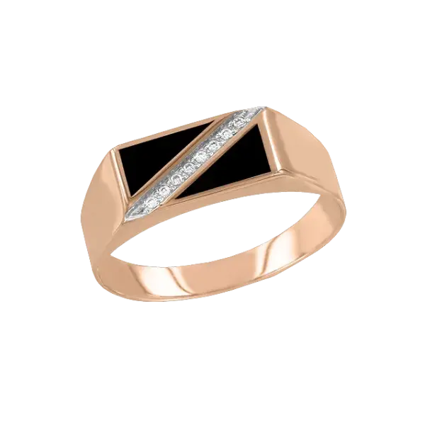 Artikelbild des Artikels “Herrenring „Onyx-Dreieck mit Steinreihe“ aus 585 Rotgold mit Zirkonia “