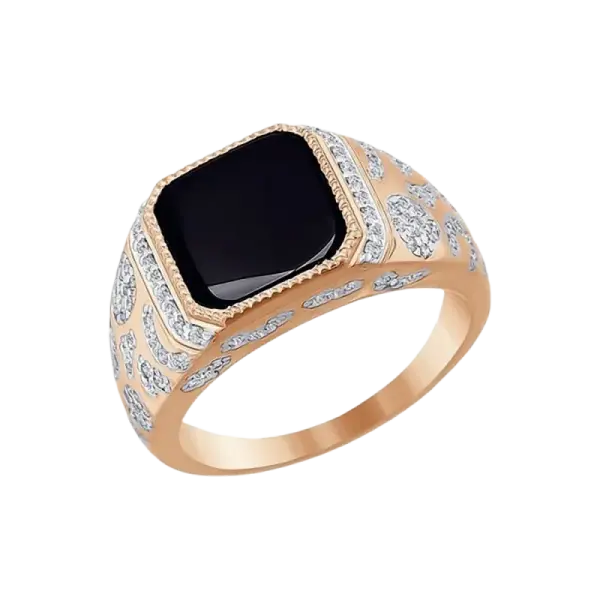 Product image of the product “Men's Ring “Onyx with Stone Setting” in 585 Two-Tone Gold with Cubic Zirconia and Onyx ”