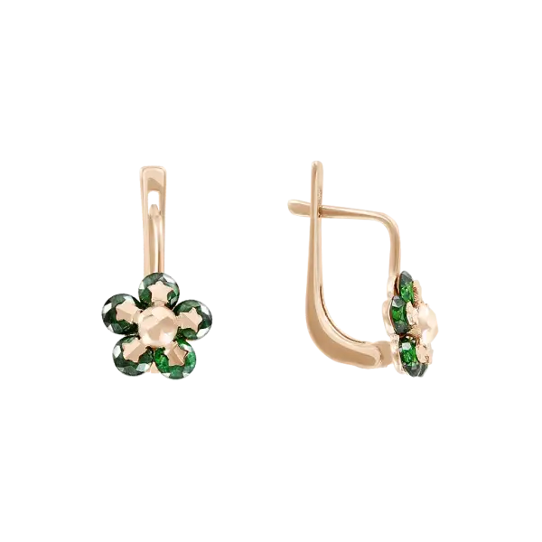Artikelbild des Artikels “Kinder-Ohrringe „Blüte mit grüner Emaille“ aus 585 Rotgold mit Zirkonia “