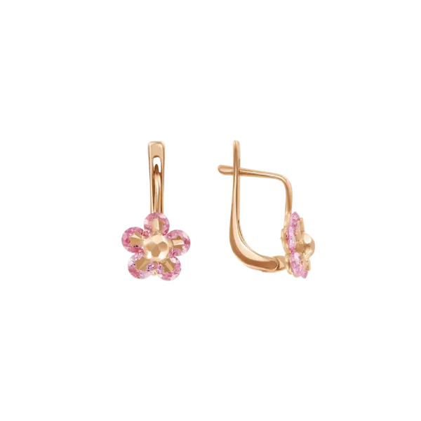 Artikelbild des Artikels “Kinder-Ohrringe „Blüte mit rosa Stein“ aus 585 Rotgold mit Zirkonia “