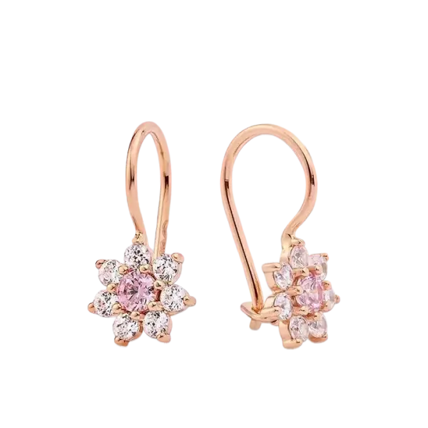 Artikelbild des Artikels “Kinder-Ohrringe „Blüte mit rosa Steinen“ aus 585 Rotgold mit Zirkonia, Höhe 17,0 mm “