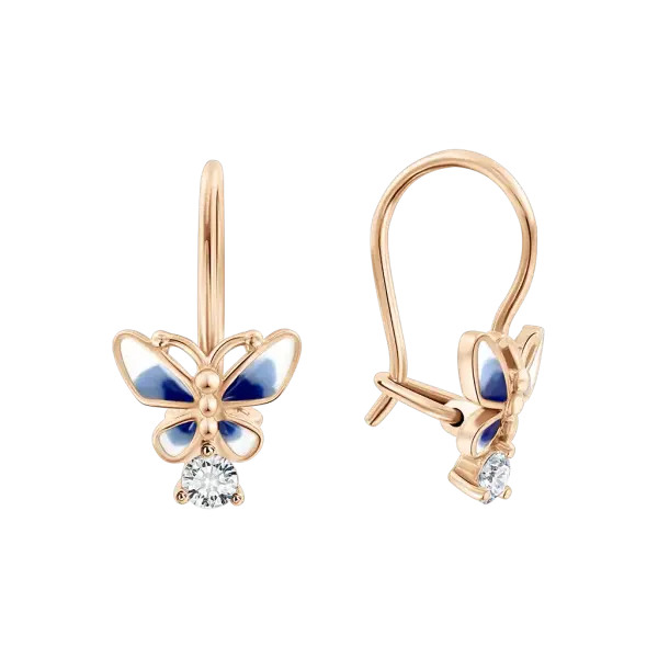 Artikelbild des Artikels “Kinder-Ohrringe „Schmetterling mit blauer Emaille“ aus 585 Rotgold mit Zirkonia “