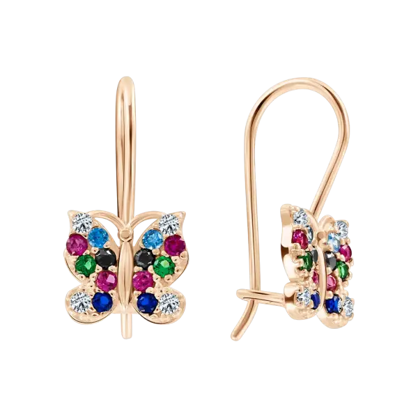 Artikelbild des Artikels “Kinder-Ohrringe „Schmetterling mit bunten Steinen“ aus 585 Rotgold mit Zirkonia “