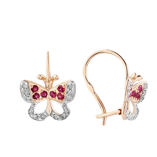 Artikelbild des Artikels “Kinder-Ohrringe „Schmetterling mit roten Steinen“ aus 585 Rotgold mit Brillanten und Rubin “