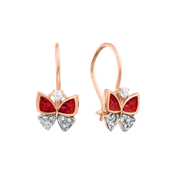 Artikelbild des Artikels “Kinder-Ohrringe „Schmetterling mit roter Emaille“ aus 585 Bicolor-Gold mit Zirkonia “