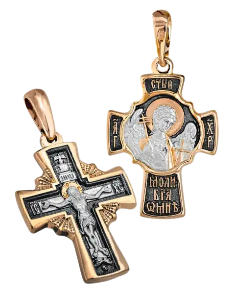 Product image of the product “Cross Pendant “Double-Sided with Angel Relief” in Gold-Plated 925 Sterling Silver ”
