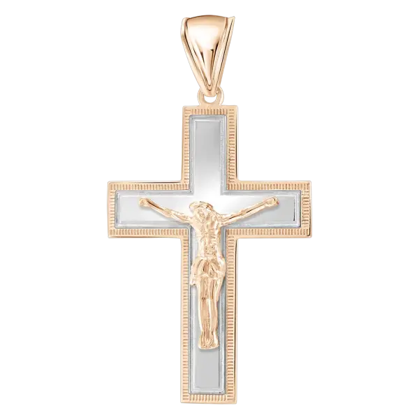 Artikelbild des Artikels “Kreuz-Anhänger „Mit Kruzifix auf Weißgold-Fläche“ aus 585 Bicolor-Gold, Höhe 40 mm “