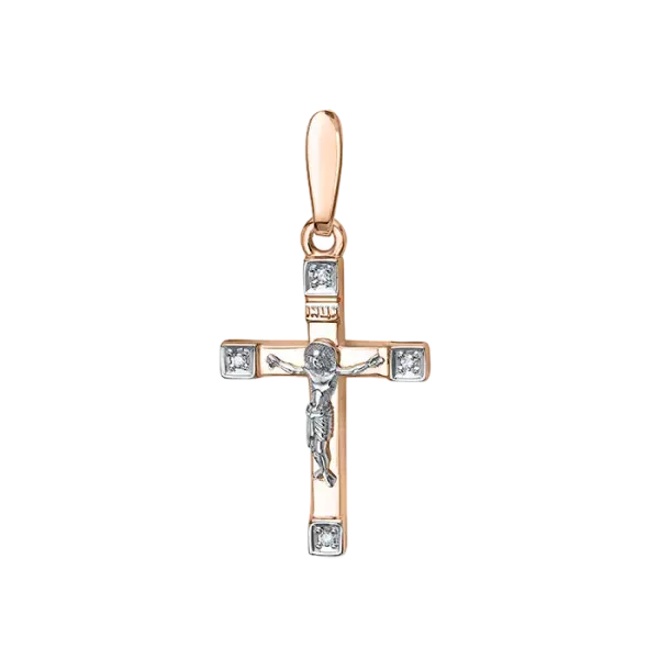Product image of the product “Cross Pendant “With Crucifix and Corner Stones” in 585 Two-Tone Gold with Diamonds, Height 26 mm ”