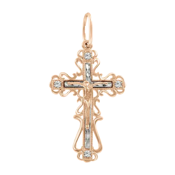 Product image of the product “Cross Pendant “Orthodox Filigree with Stones” in 585 Two-Tone Gold with Cubic Zirconia, Height 39 mm ”