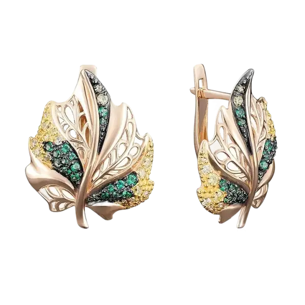 Product image of the product “Drop Earrings “Leaf with Coloured Stones” in 585 Rose Gold with Cubic Zirconia ”
