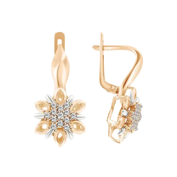 Product image of the product “Drop Earrings “Flower with Stone Centre” in 585 Two-Tone Gold with Cubic Zirconia ”