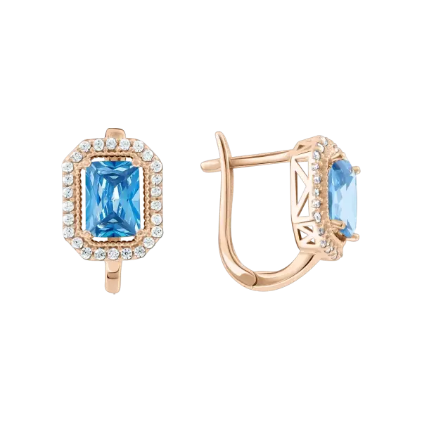 Artikelbild des Artikels “Ohrhänger „Hellblauer Rechteckstein mit Steinkranz“ aus 585 Rotgold mit Zirkonia “