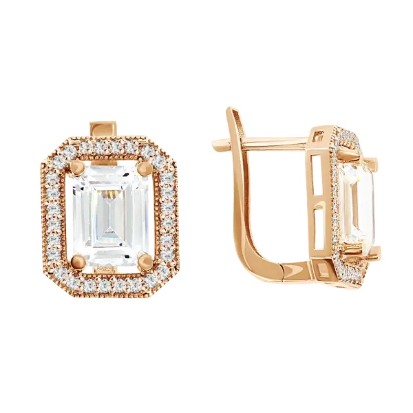 Product image of the product “Drop Earrings “Rectangular Stone in Stone Halo” in 585 Rose Gold with Cubic Zirconia, Height 13 mm ”