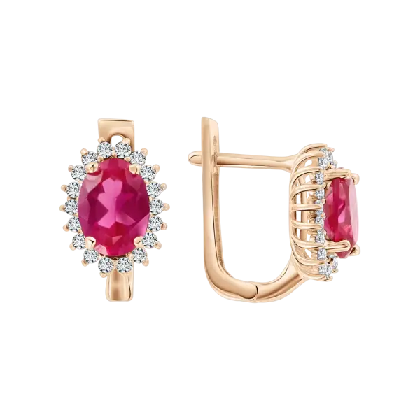 Artikelbild des Artikels “Ohrhänger „Roter Ovalstein mit Steinkranz“ aus 585 Rotgold mit Zirkonia, Höhe 13 mm “