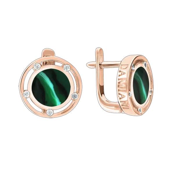 Product image of the product “Drop Earrings “Round Malachite Stone” in 585 Rose Gold with Cubic Zirconia ”