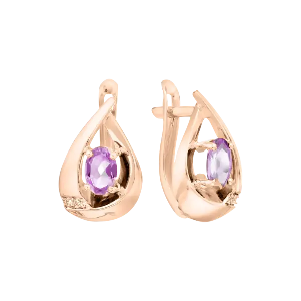 Artikelbild des Artikels “Ohrhänger „Tropfen mit Rundstein“ aus 585 Rotgold mit Zirkonia und Amethyst “