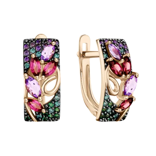 Product image of the product “Earrings “Blossom Branch with Pavé” in 585 Rose Gold with Cubic Zirconia and Amethyst, Height 17 mm ”