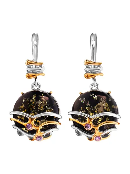 Product image of the product “Earrings “Ball with Wave Bands” in Gold-Plated 925 Sterling Silver with Amber ”