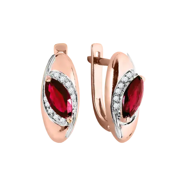 Product image of the product “Earrings “Navette with Stone Wave” in 585 Rose Gold with Diamonds and Ruby ”