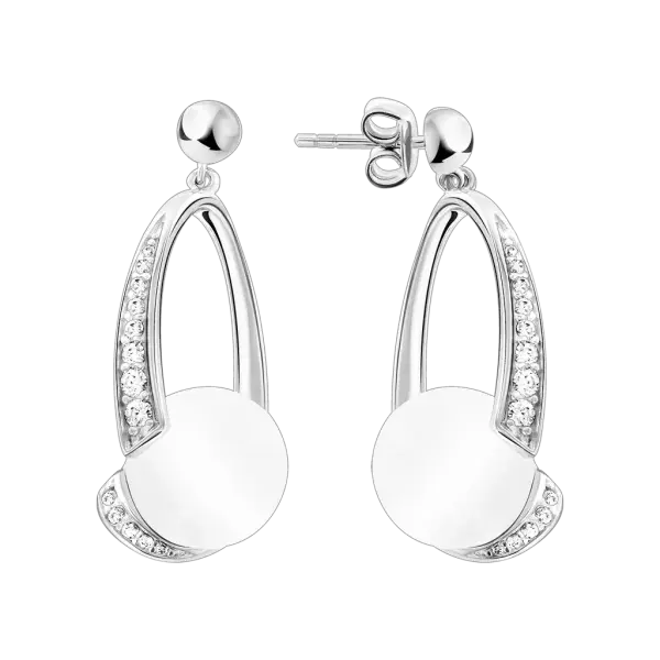 Artikelbild des Artikels “Ohrringe „Offener Bogen mit Perle“ aus 925 Silber mit Zirkonia und Mondstein “