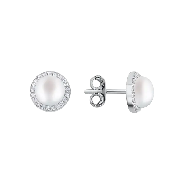 Product image of the product “Earrings “Pearl Stud in Stone Halo” in 925 Sterling Silver with Cubic Zirconia and Pearls, Ø 9 mm ”
