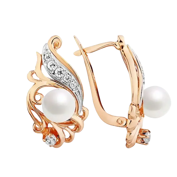 Product image of the product “Earrings “Pearl with Scrolls” in 585 Rose Gold with Cubic Zirconia and Pearls ”