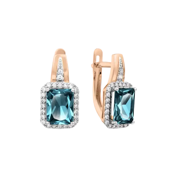 Product image of the product “Earrings “Rectangle in Stone Halo” in 585 Rose Gold with Cubic Zirconia and London Blue Topaz ”