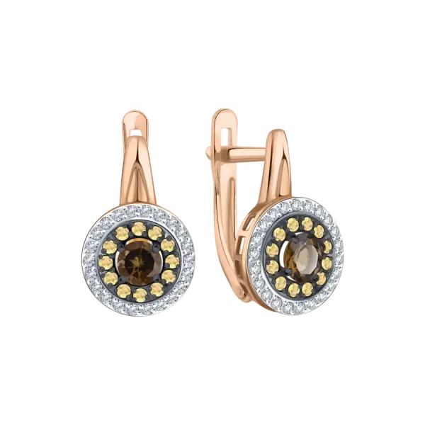 Product image of the product “Earrings “Round in Stone Halo” in 585 Two-Tone Gold with Cubic Zirconia and Smoky Quartz ”