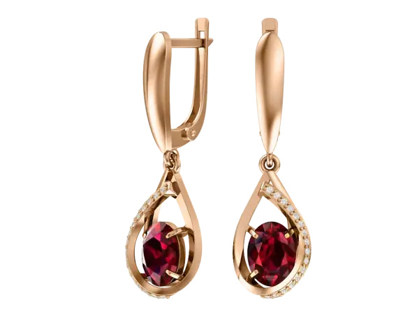 Artikelbild des Artikels “Ohrringe „Tropfen im Steinrand“ aus 585 Rotgold mit Zirkonia und Granat “