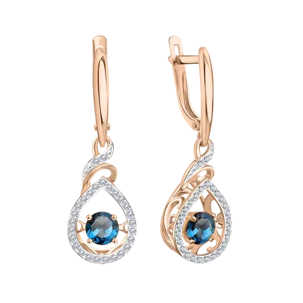 Product image of the product “Earrings “Teardrop with Sweep” in 585 Rose Gold with Cubic Zirconia and London Blue Topaz ”