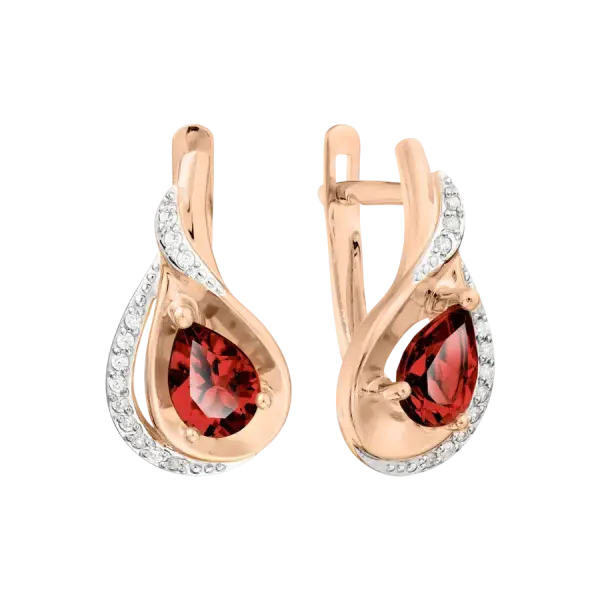 Artikelbild des Artikels “Ohrringe „Tropfen mit Steinwelle“ aus 585 Rotgold mit Zirkonia und Granat “