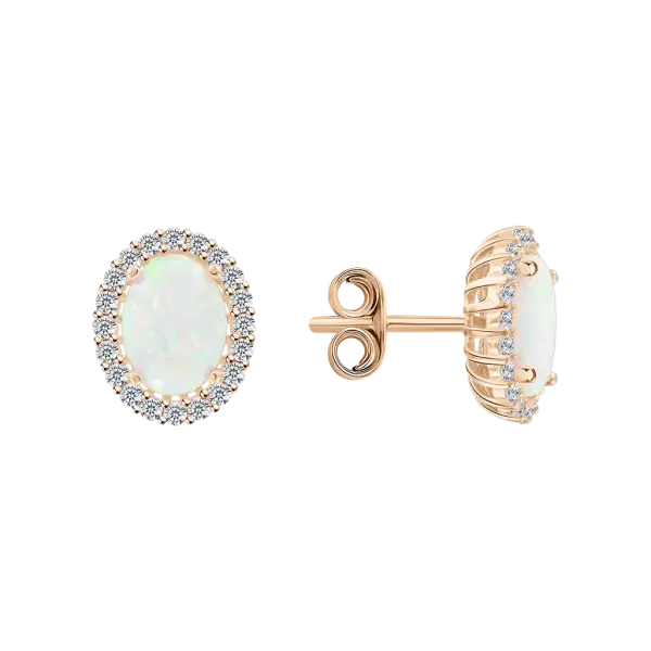 Artikelbild des Artikels “Ohrstecker „Ovaler Opal mit Steinkranz“ aus 585 Rotgold mit Zirkonia und Opal “