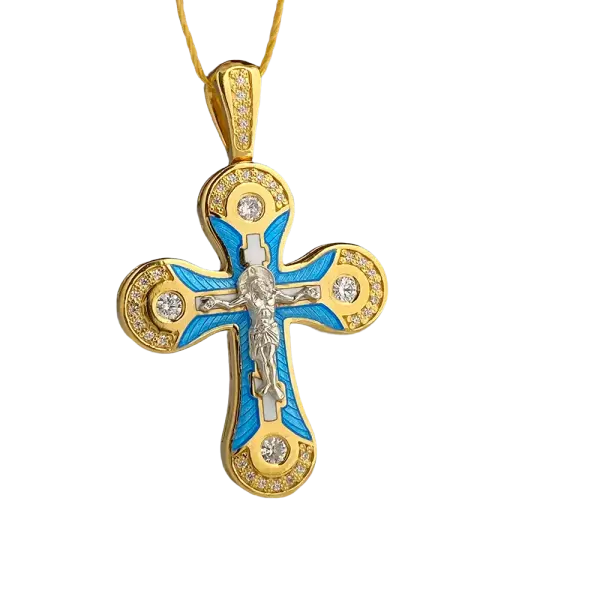 Product image of the product “Orthodox Cross Pendant “Crucifixion of Christ” in 925 Sterling Silver, Plated with 999 Rose Gold, Set with Cubic Zirconia and Enamel, Height 38 mm ”