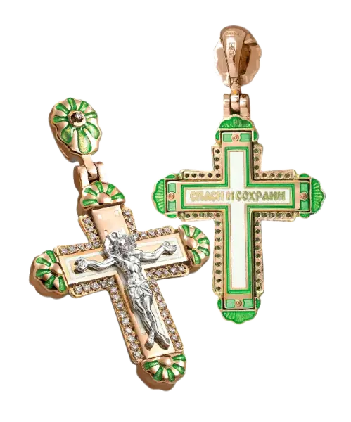Product image of the product “Orthodox Cross Pendant “Crucifixion of Christ” in 925 Sterling Silver, Plated with 999 Rose Gold, Set with Cubic Zirconia and Enamel, Height 42 mm ”