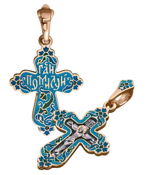 Product image of the product “Orthodox Cross Pendant “Crucifixion of Christ” in 925 Sterling Silver, Plated with 999 Rose Gold, with Enamel, Height 37 mm ”