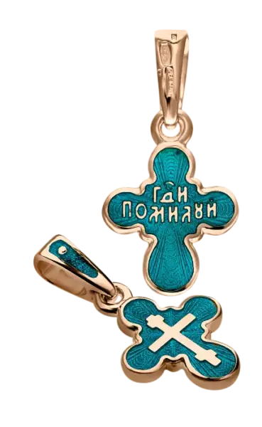 Artikelbild des Artikels “Orthodoxer Kreuz-Anhänger „Господи помилуй“ mit türkiser Emaille aus 925 Silber vergoldet, Höhe 24 mm “