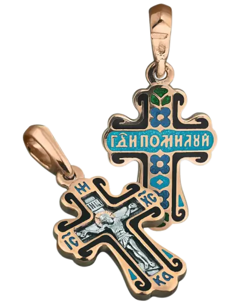 Изображение товара «Православный крест «Распятие Христово» из серебра 925 пробы с позолотой красным золотом 999, высота 32 мм »