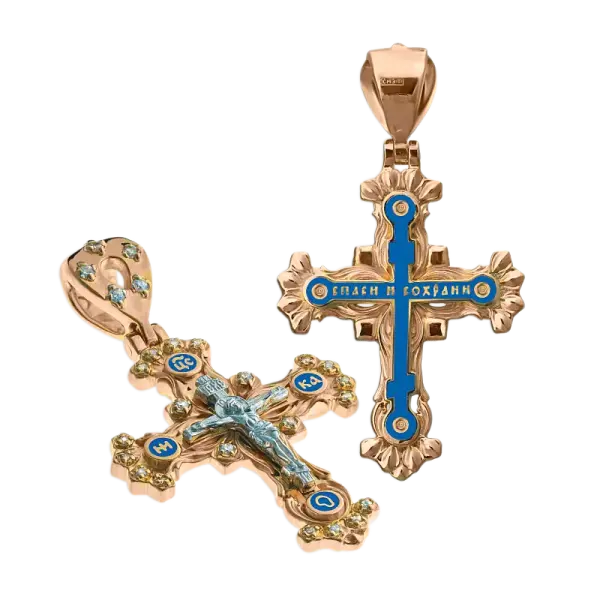 Product image of the product “Orthodox Cross Pendant “Crucifixion of Christ” in 925 Sterling Silver, Plated with 999 Rose Gold, Height 49 mm ”