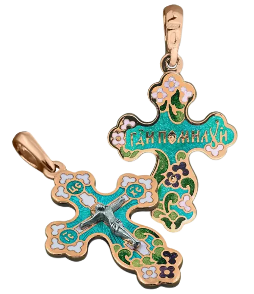 Product image of the product “Orthodox Cross Pendant “Crucifixion of Christ” “Lord Have Mercy” in 925 Sterling Silver, Hot Enamel, Plated with 999 Rose Gold ”