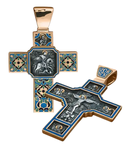 Artikelbild des Artikels “Orthodoxer Kreuzanhänger „Kreuzigung Christi“ und „Hl. Georg der Siegreiche“ aus 925 Silber, vergoldet mit 999er Rotgold “