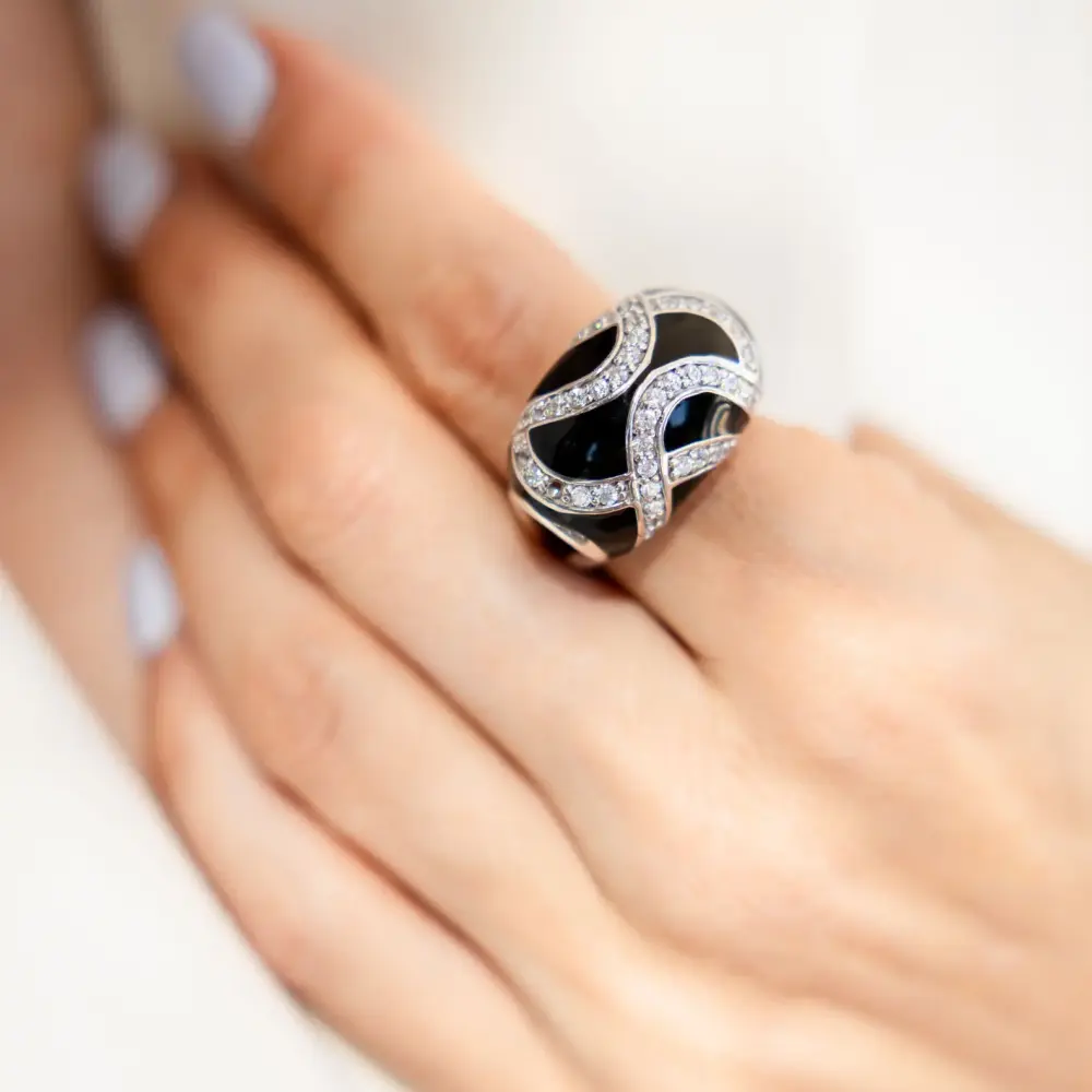Product image of the product “Women's Ring “Black Enamel with Stone Bands” in 925 Sterling Silver with Cubic Zirconia ”