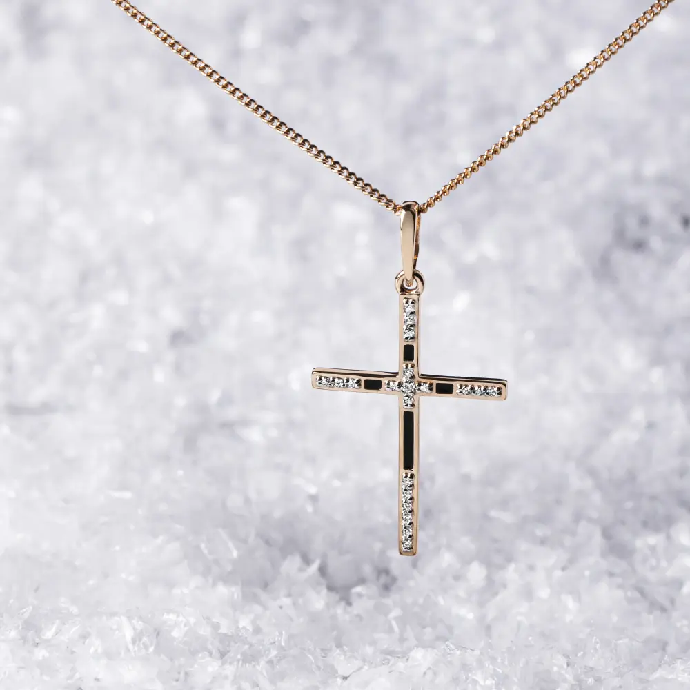 Product image of the product “Cross Pendant “Row of Stones with Black Inlay” in 585 Rose Gold with Cubic Zirconia ”