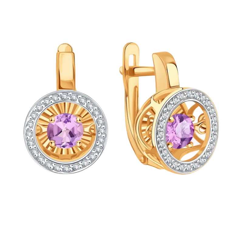 Product image 2 of the product “Earrings “Round Stone Halo” in 585 Two-Tone Gold with Cubic Zirconia and Amethyst ”