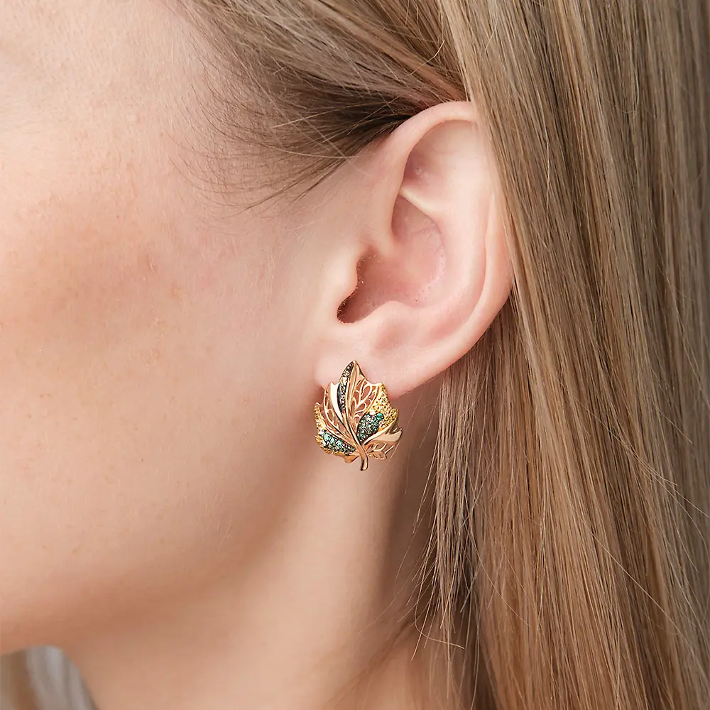 Artikelbild 2 des Artikels “Ohrhänger „Blatt mit bunten Steinen“ aus 585 Rotgold mit Zirkonia “